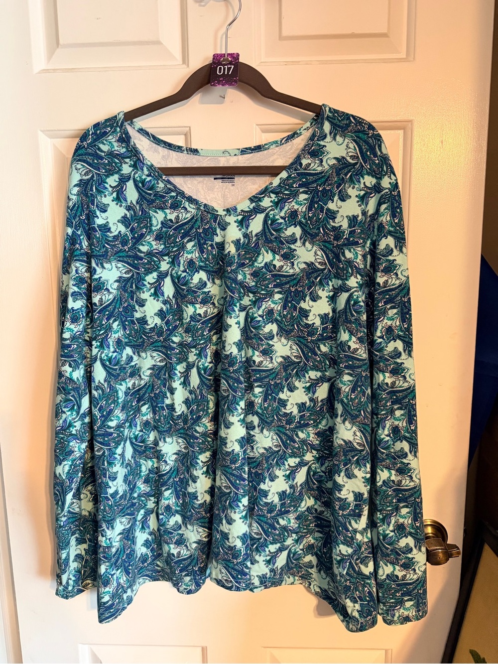 Basic Editions Teal Paisley Long Sleeve Scoop Neck Top